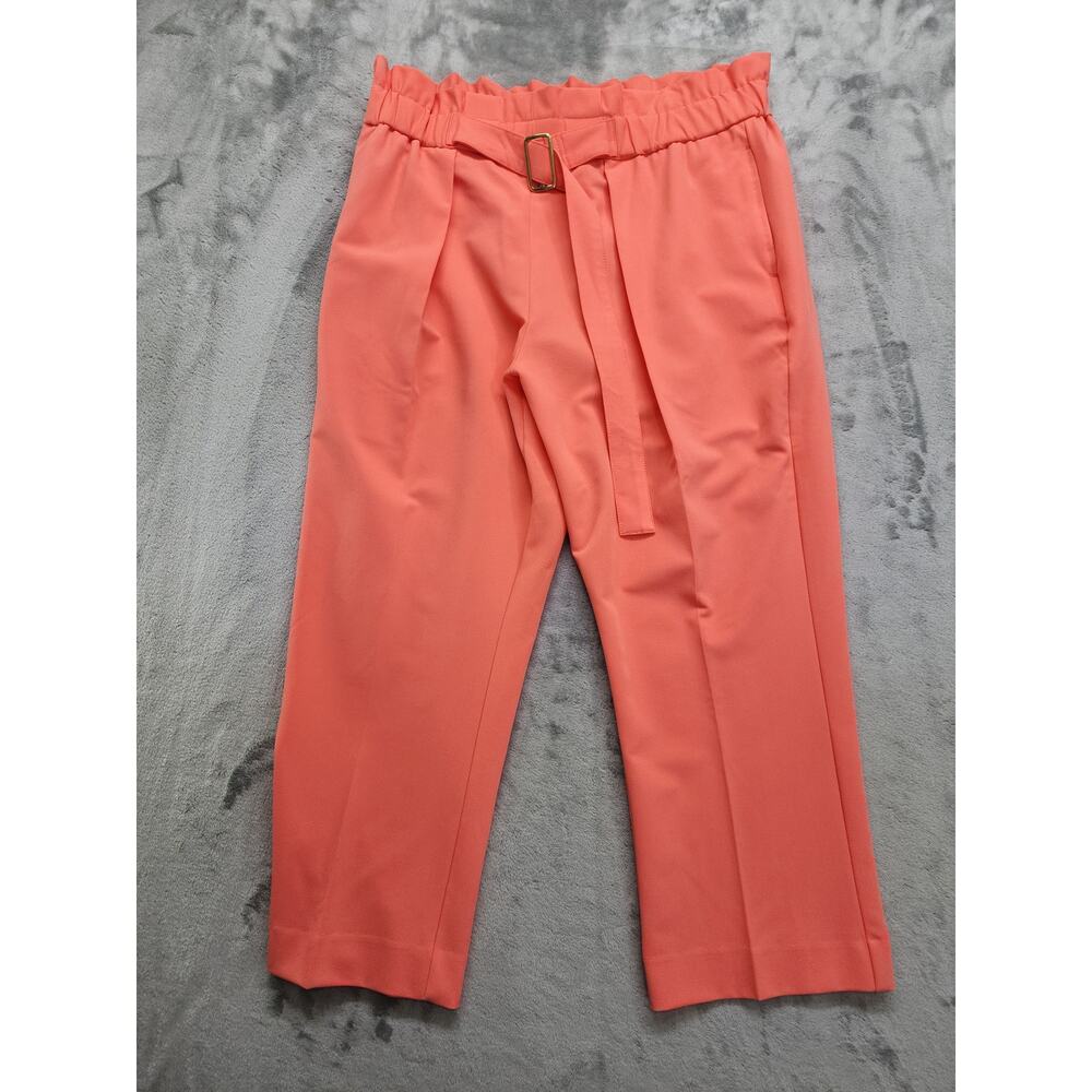 Worthington Pants Womens PL Orange High Rise Paperbag Waist Belted Crop Stretch